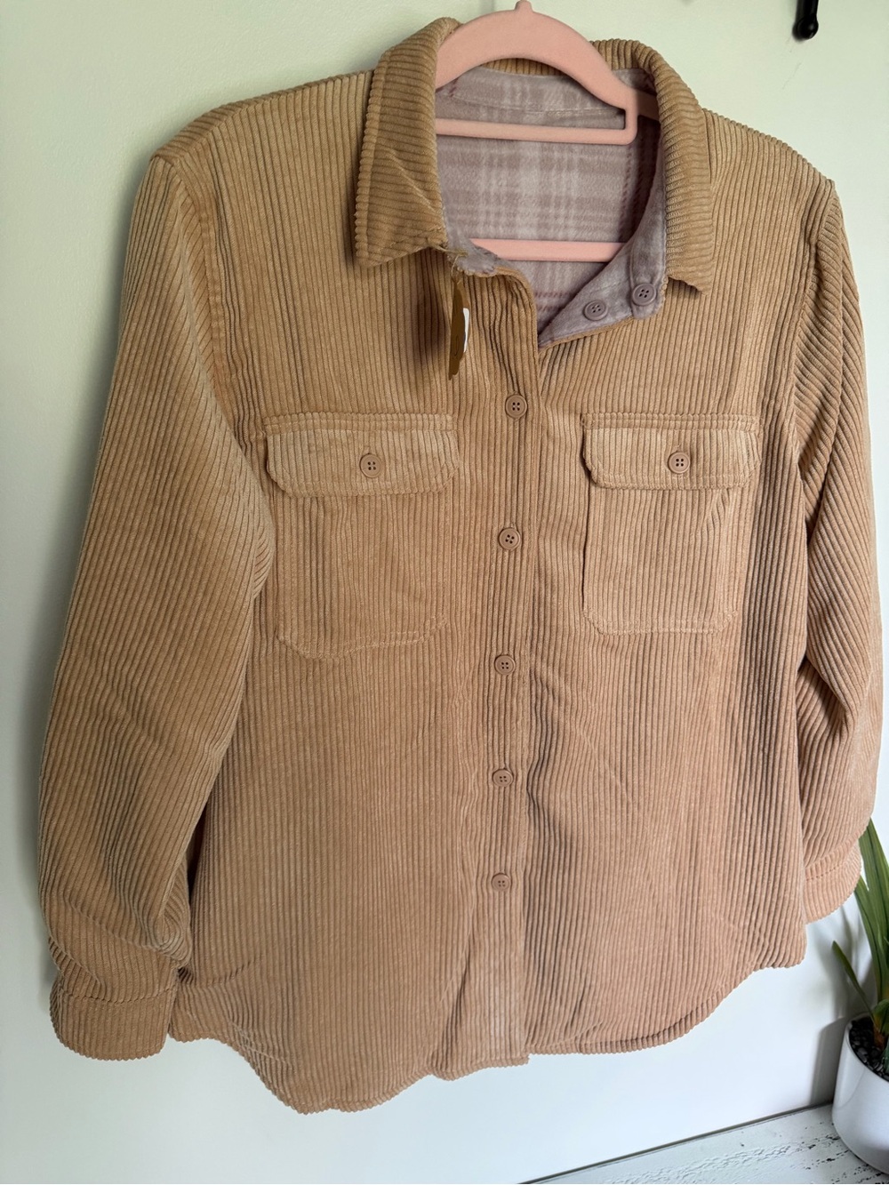 Corduroy Button-Front Reversible Shacket in Tan NWT - Picture 2 of 10